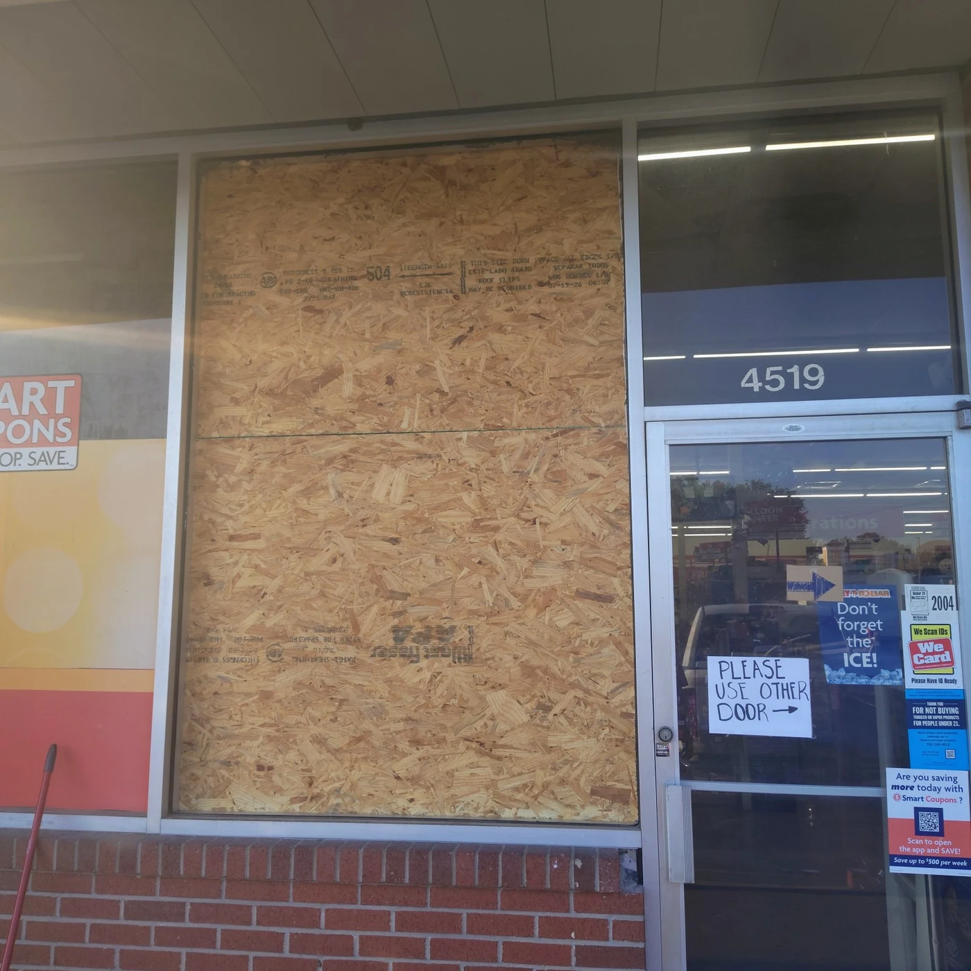 Completed temporary window boarding at Family Dollar in Cockrell Hill